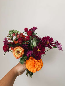 Miscellany + Co's Local Flower Bouquet subscription - a colorful bouquet with hot pinks, cranberry pink, and orange tones held up against a beige wall
