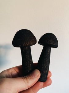 Little, black mushroom pair made out of oak